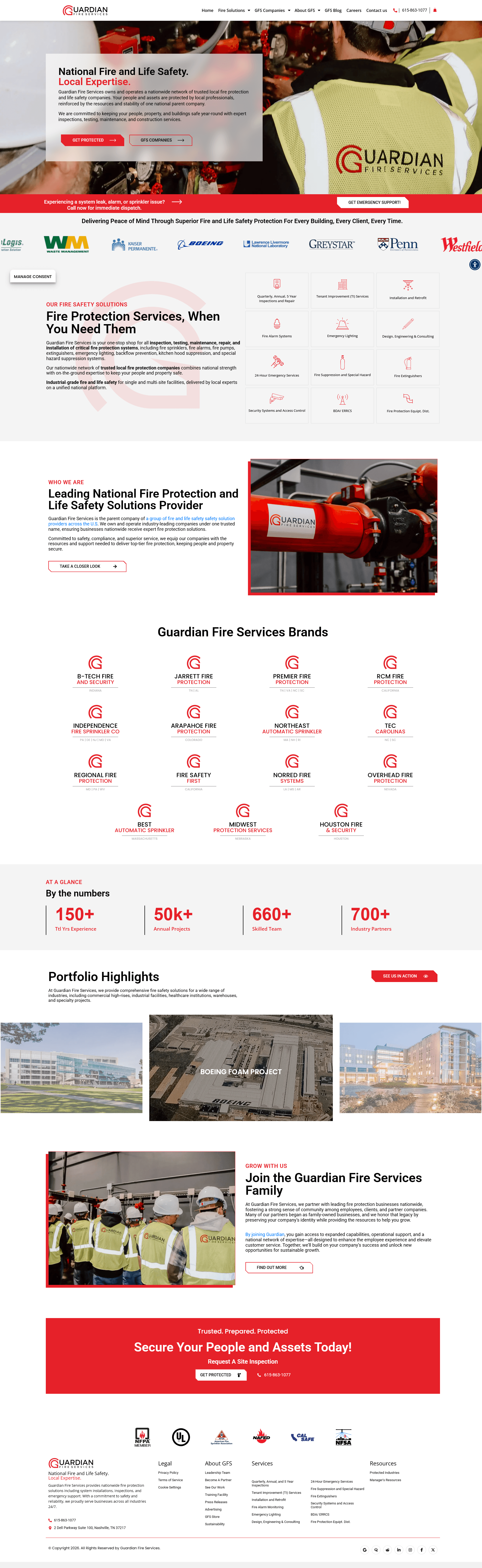 Extended Guardian Fire Services homepage showing the page structure beyond the opening section